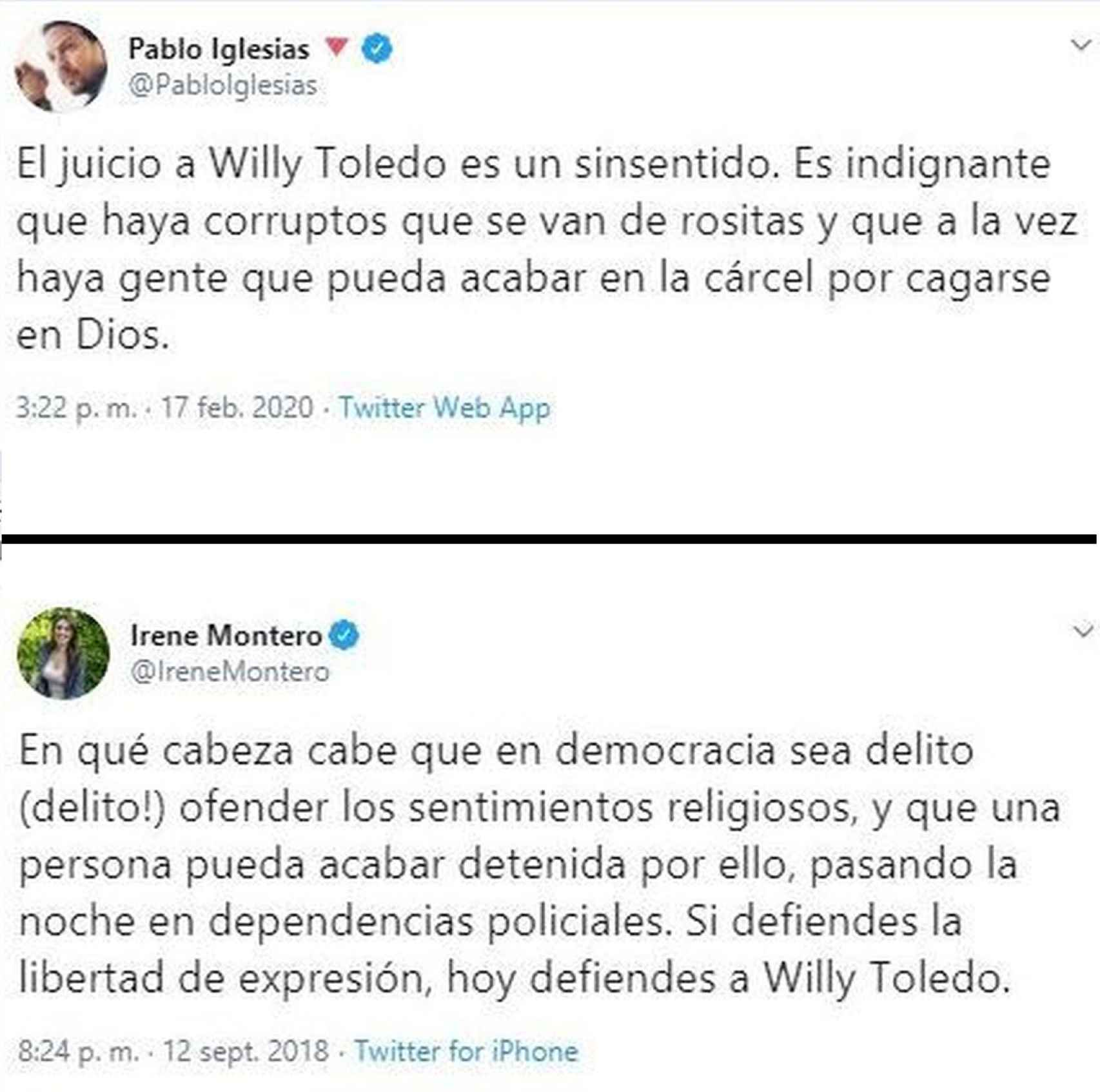 Tuits de Pablo Iglesias e Irene Montero sobre la libertad de expresión de Willy Toledo./