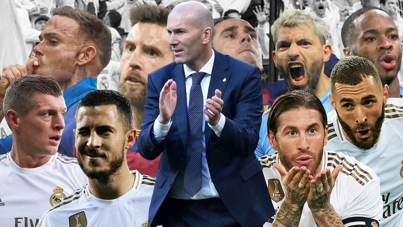 Roger Martí, Toni Kroos, Leo Messi, Eden Hazard, Zinedine Zidane, Antoine Griezmann, Kun Agüero, Sergio Ramos, Karim Benzema y Raheem Sterling