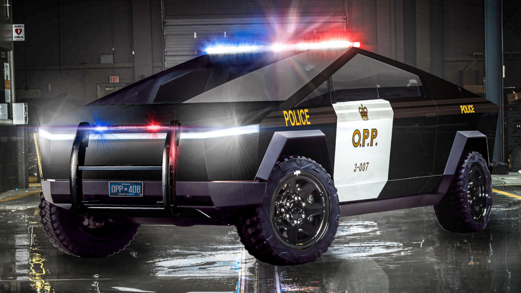 Un Tesla Cybertruck modificado como un coche de policía