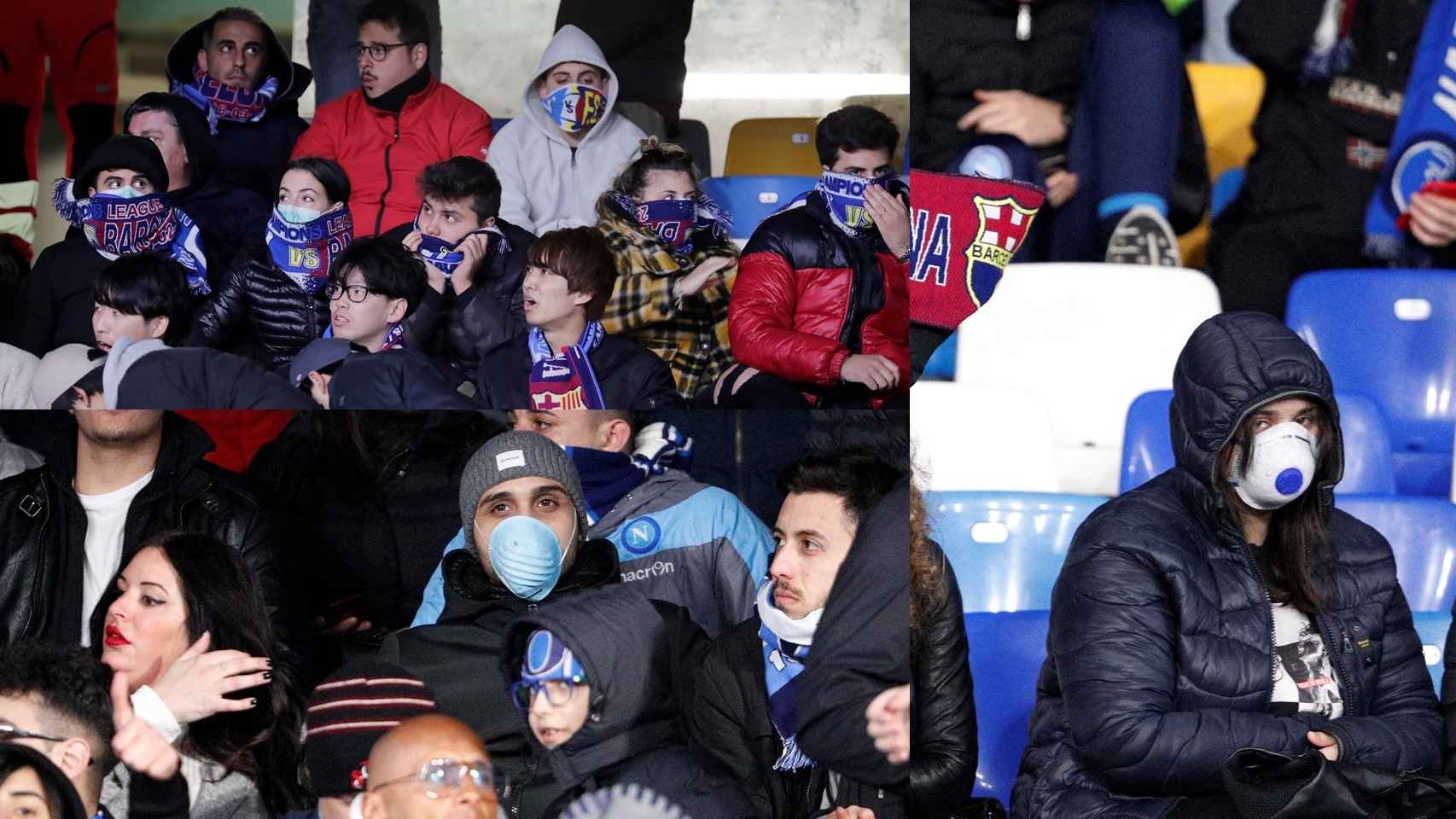 Varios aficionados con máscaras en el estadio de San Paolo durante el Nápoles - Barça