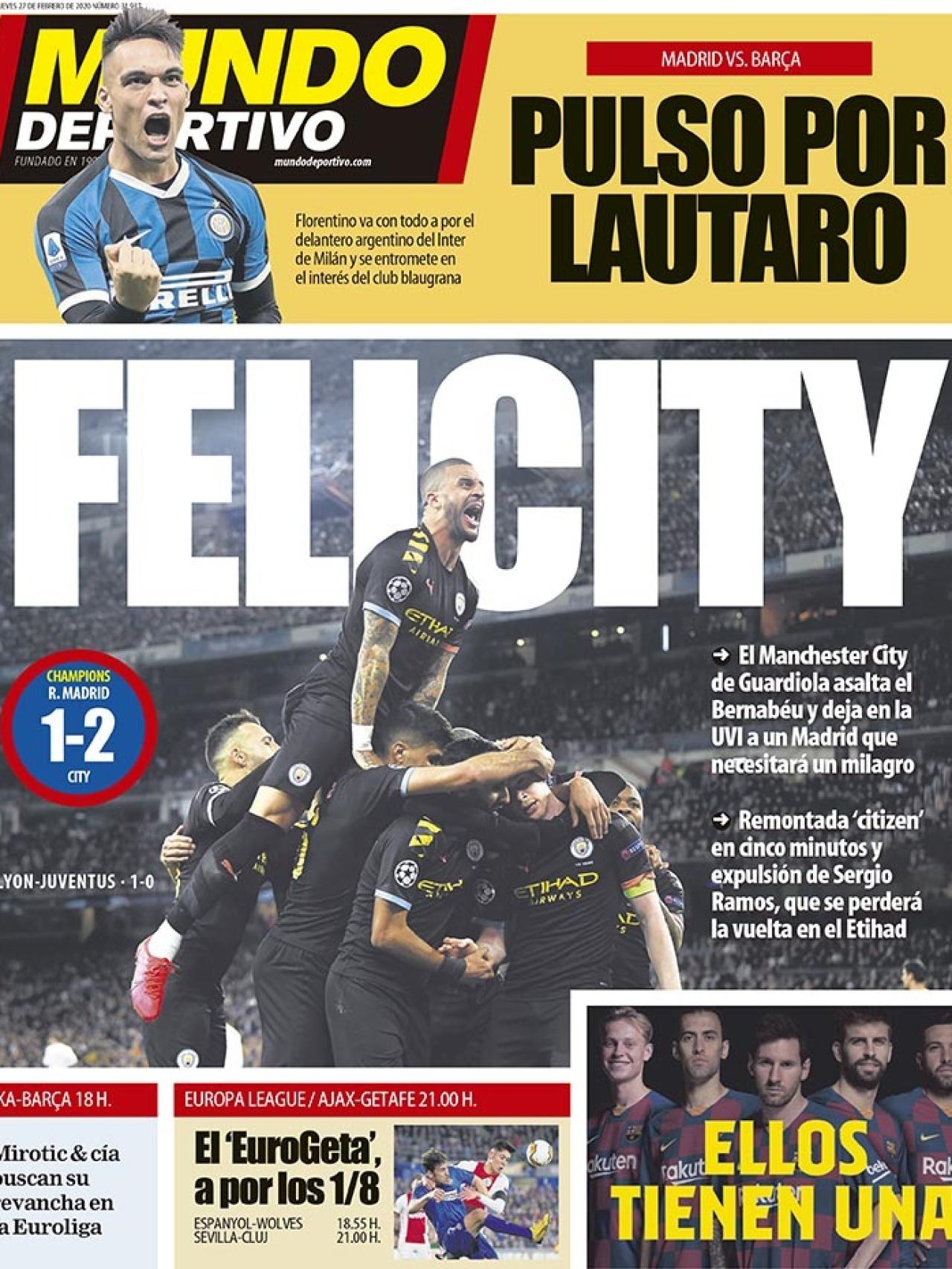 La portada del diario Mundo Deportivo (27/02/2020)