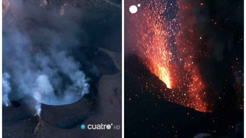 El volcán en dos momentos de su erupción.
