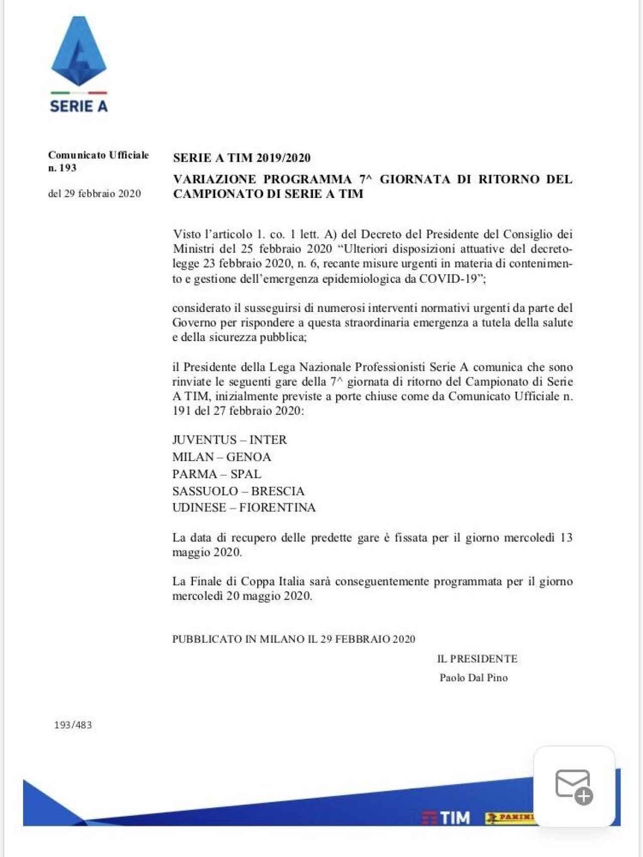 El comunicado de la Serie A anunciando el aplazamiento de los partidos