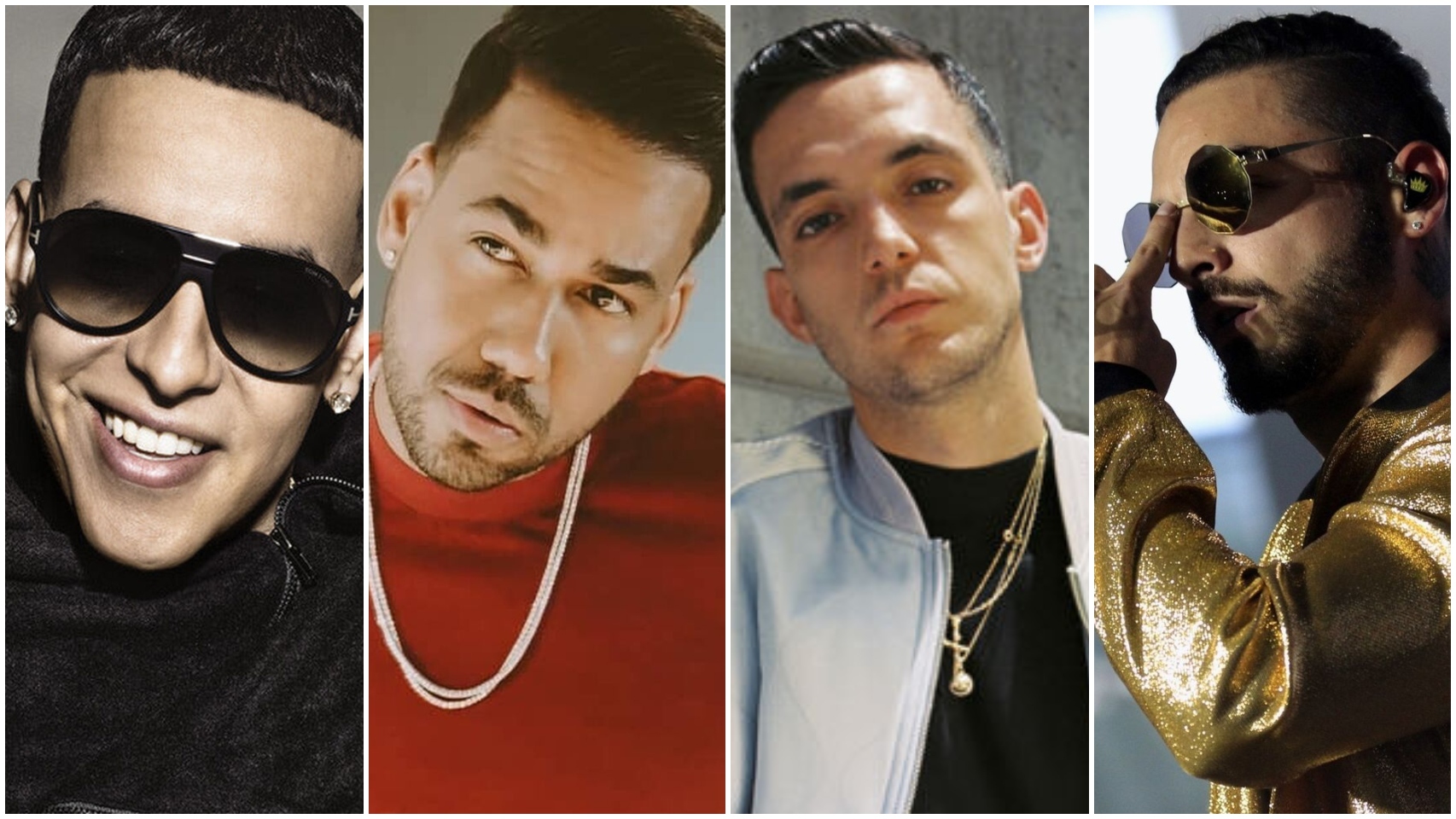 Varios cantantes de reguetón y trap por orden: Daddy Yankee, Romeo Santos, C. Tangana y Maluma.