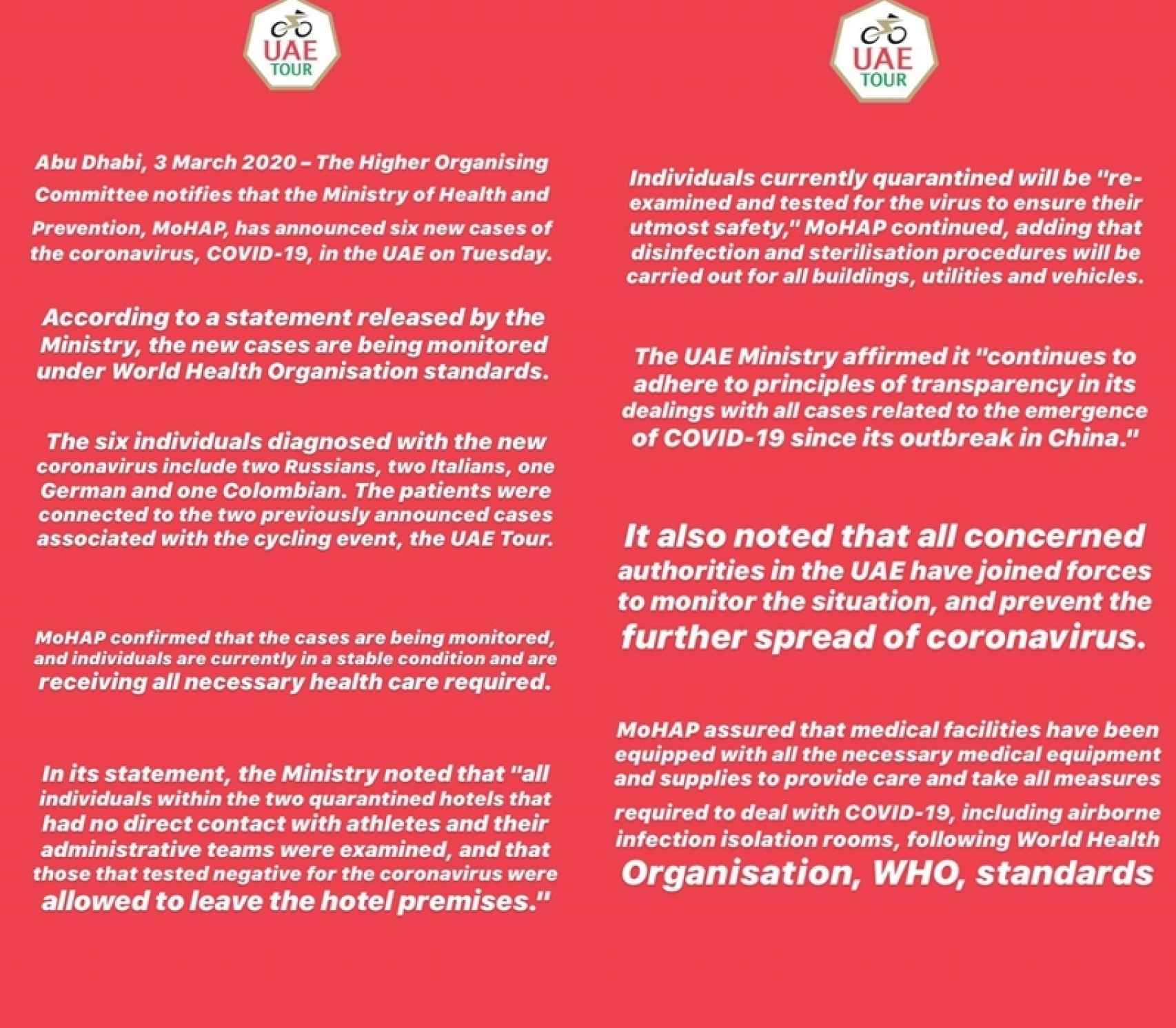 El comunicado oficial de la organización del UAE Tour confirmando los casos de coronavirus