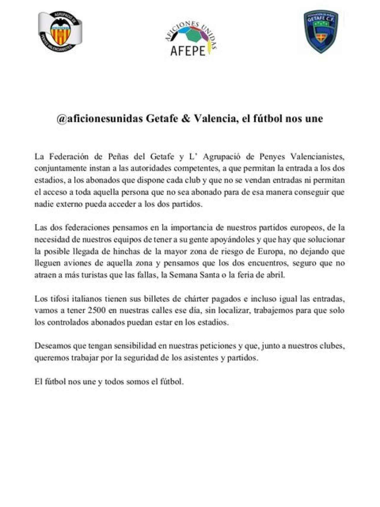 Comunicado de Aficiones Unidas donde las asociaciones de peñas del Getafe y del Valencia piden a sus clubes que no acaten la recomendación del Gobierno