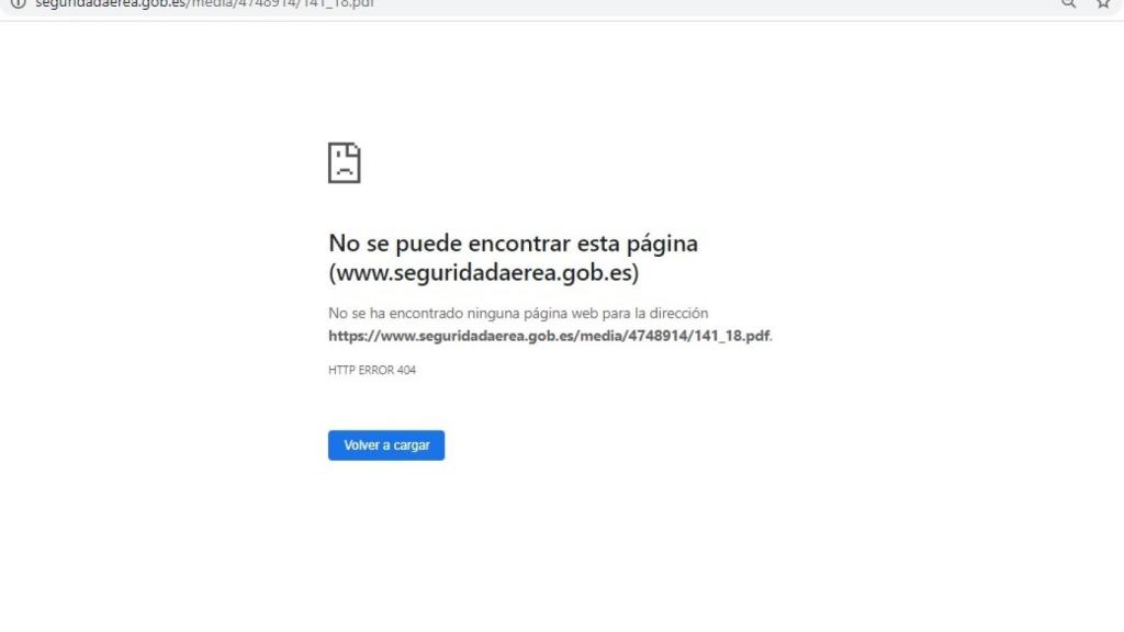 La dirección URL de la web de la AESA en la que aparecía el incidente del F-18 antes de ser borrado.