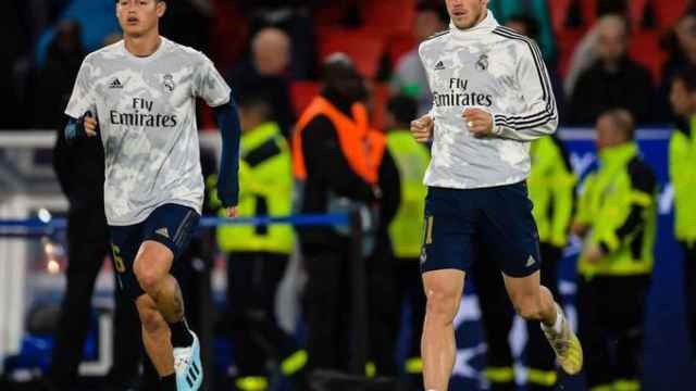 James Rodríguez y Gareth Bale, en un calentamiento del Real Madrid