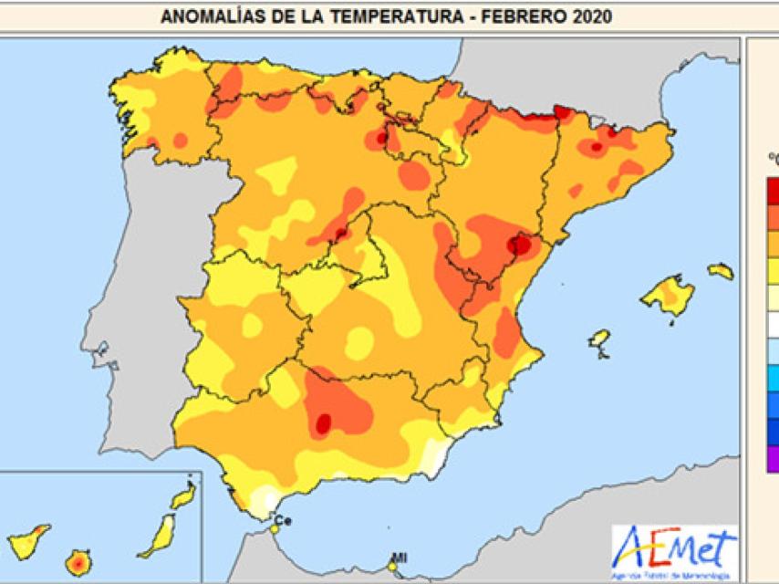 Anomalía de la temperatura en febrero de 2020.