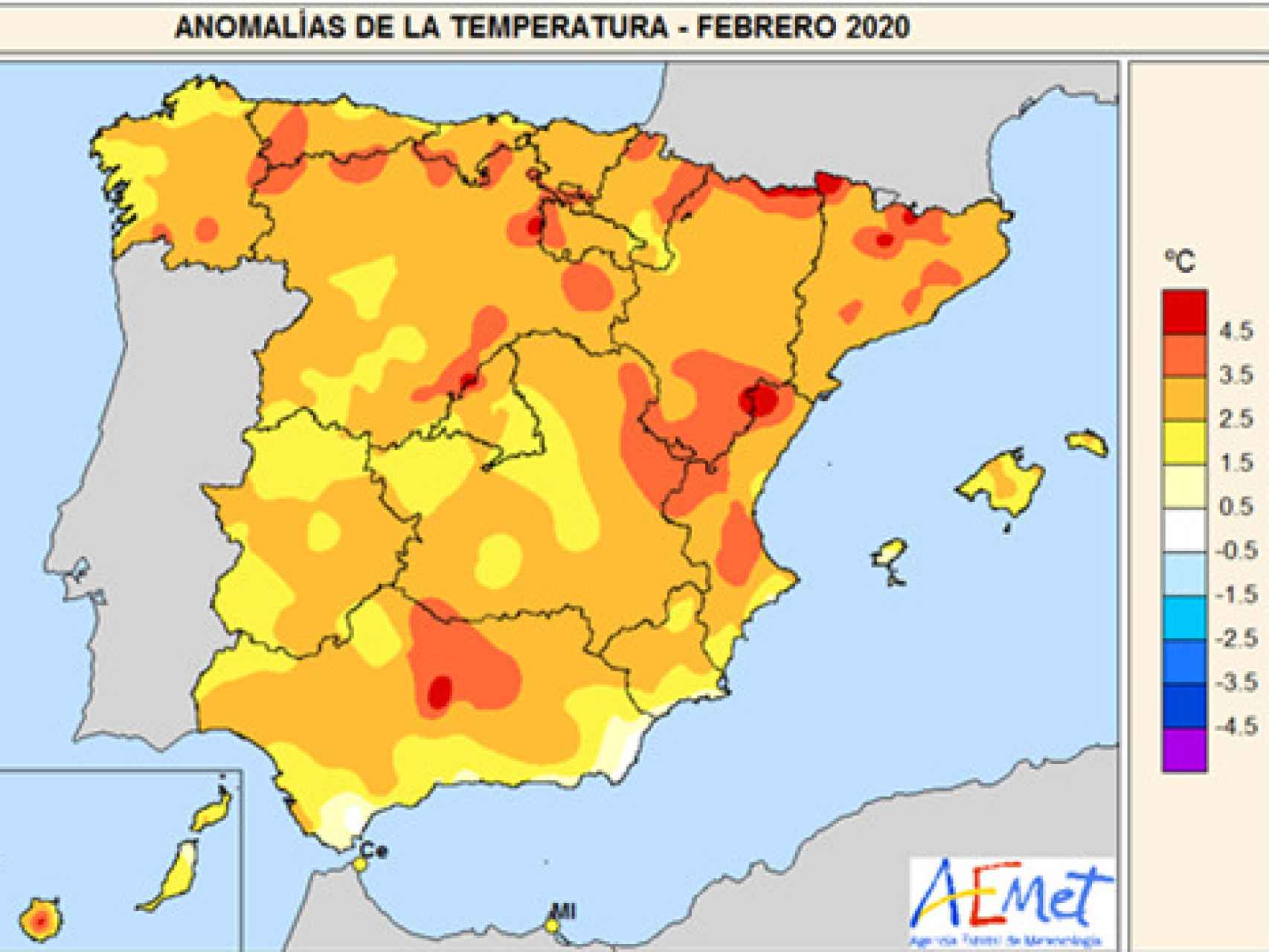 Anomalía de la temperatura en febrero de 2020.
