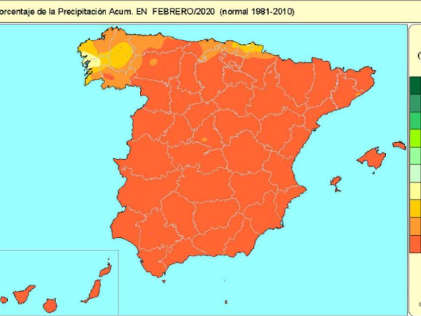 Porcentaje de la precipitación acumulada respecto al valor normal en febrero de 2020.