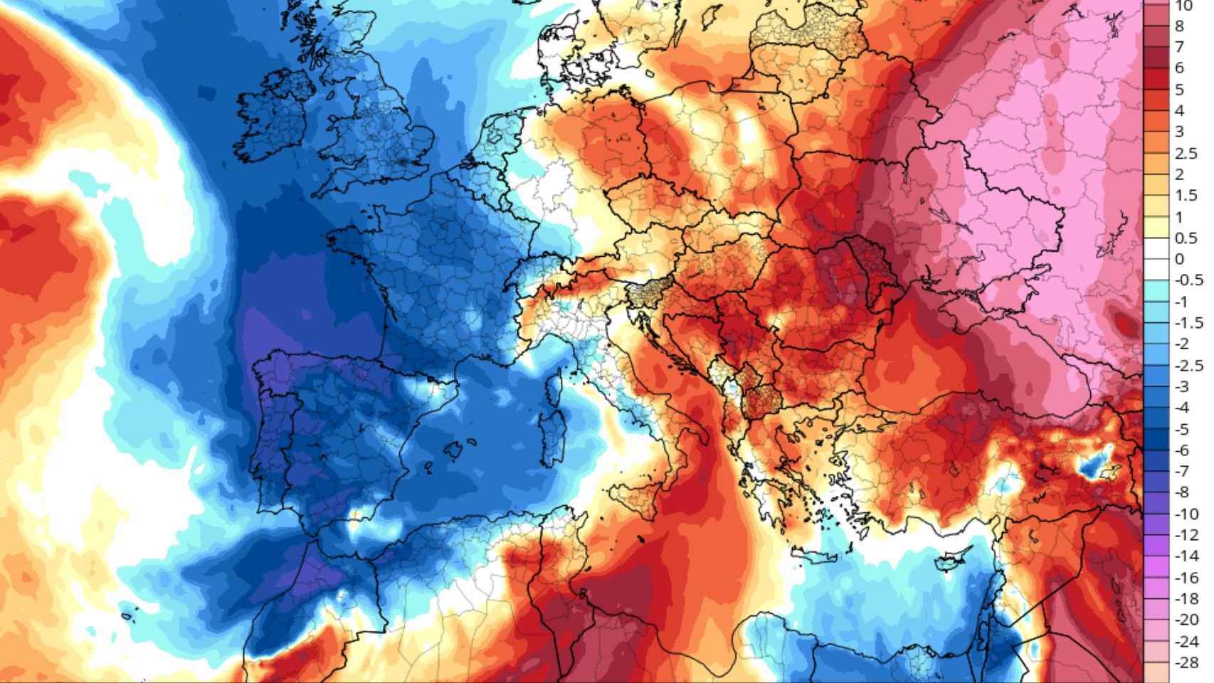 Anomalías de temperaturas previstas para el vienes 6 de marzo. Severe-weather.eu.