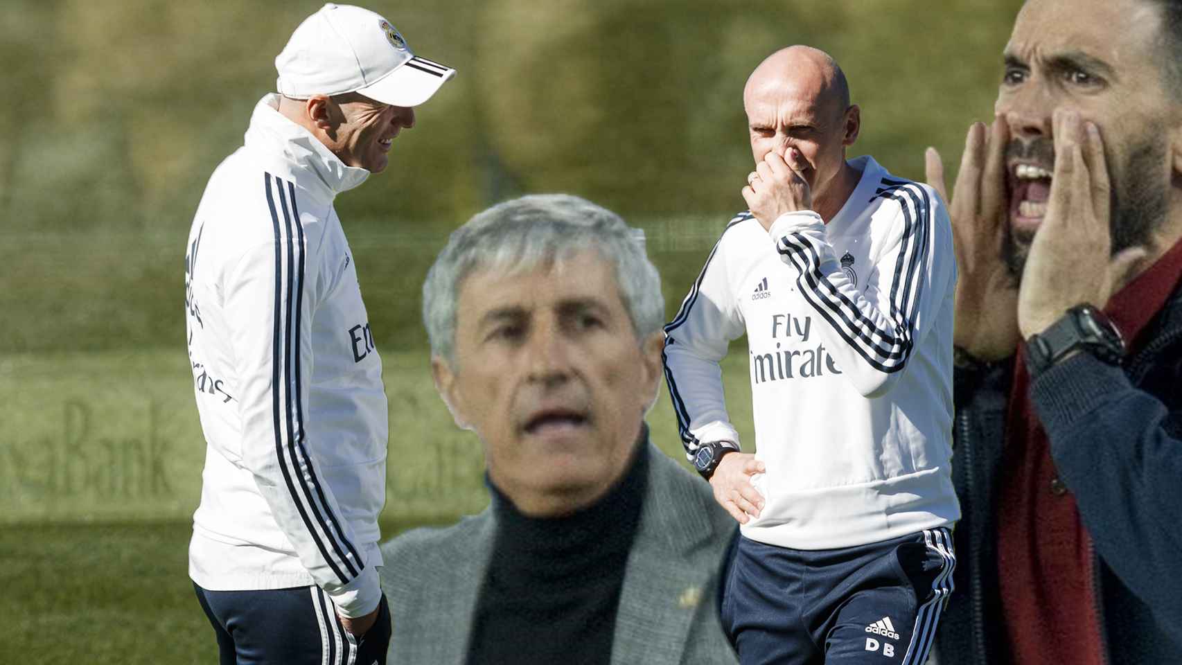 Zinedine Zidane, Quique Setién, David Bettoni y Eder Sarabia