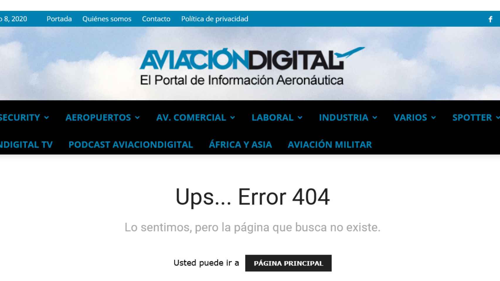 Pantallazo del error que da la web de 'Aviación Digital'.