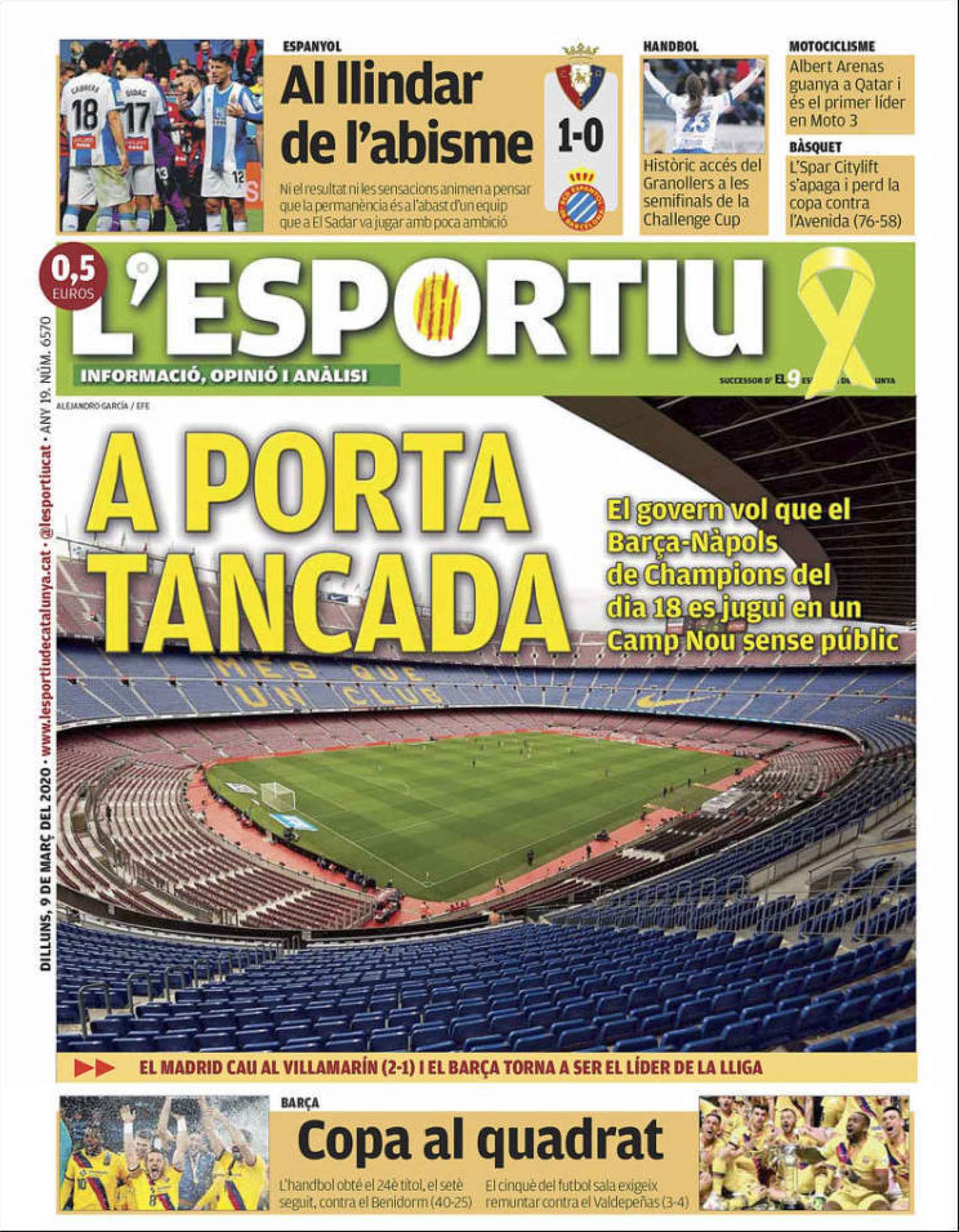 Portada del diario L'Ésportiu (09/03/2020)