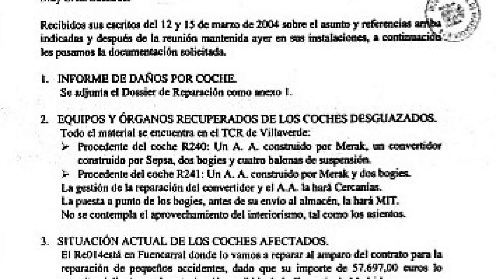 10 Carta de Alstom de 24 de marzo fecha en la que desguazan coches del tren de El Pozo,con la fecha del desguace. Folio 24.621del sumario bis