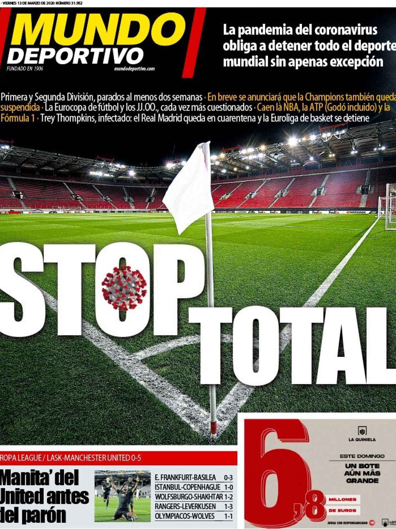 La portada del diario Mundo Deportivo (13/03/2020)