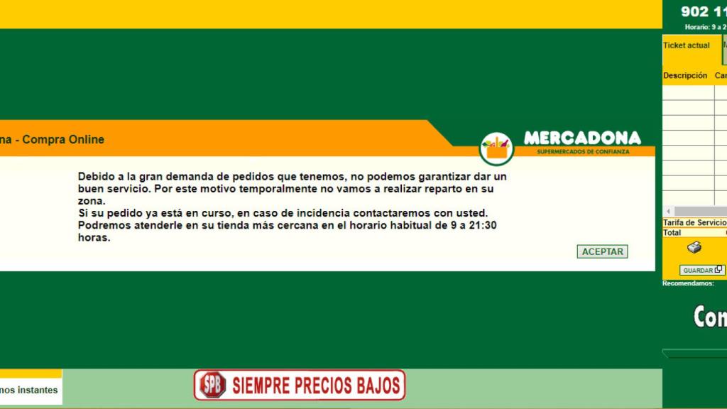 Mercadona no hace pedido a domicilio por la gran cantidad de demanda.