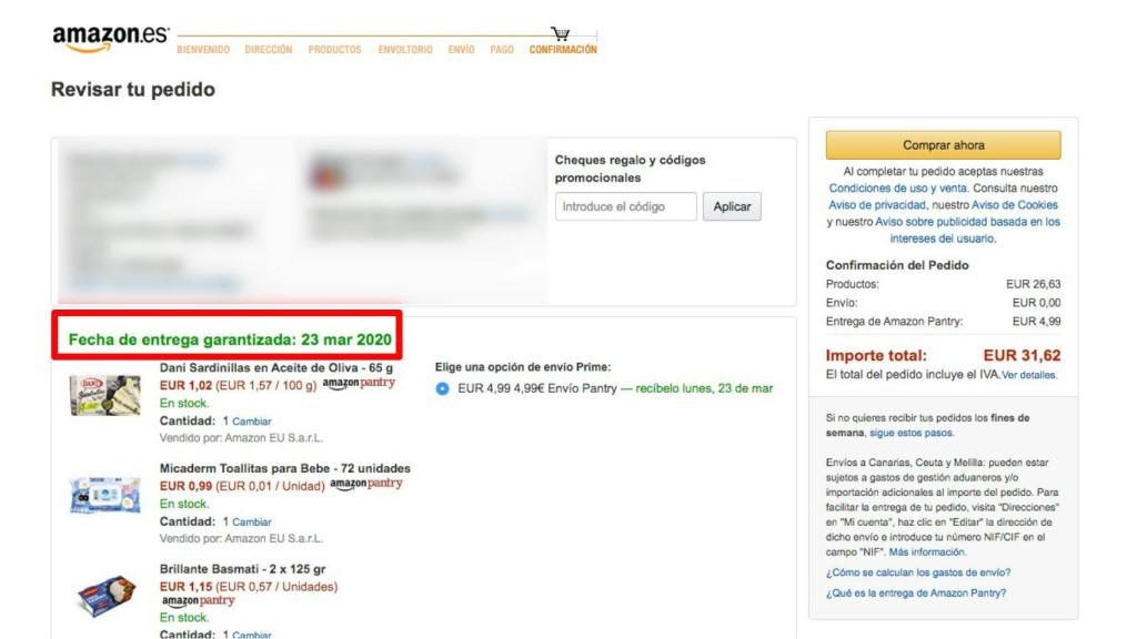 El pedido de Amazon llegaría el 23 de marzo.