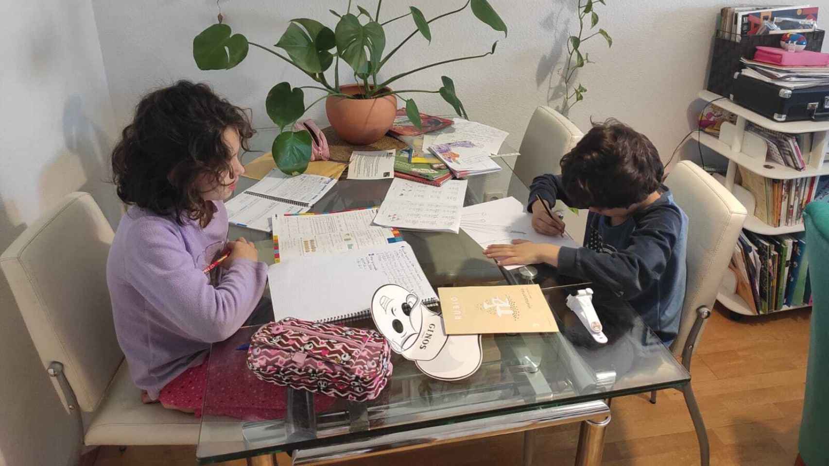 Julia y Dario hacen sus deberes en casa.