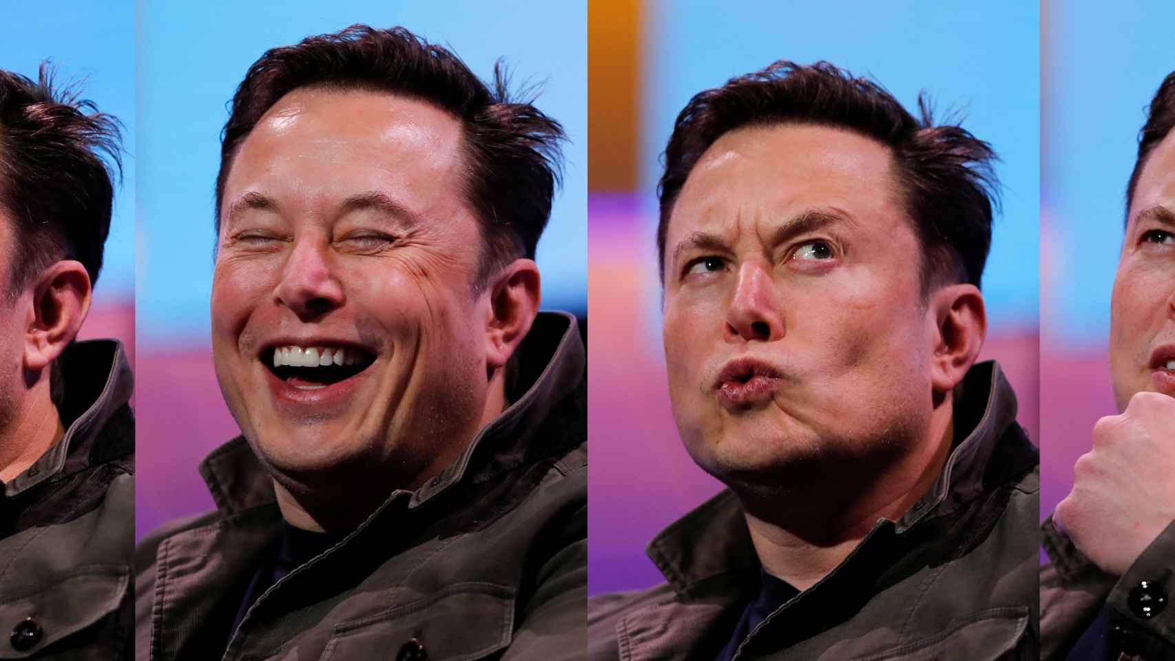Elon Musk muestra varias expresiones durante un evento