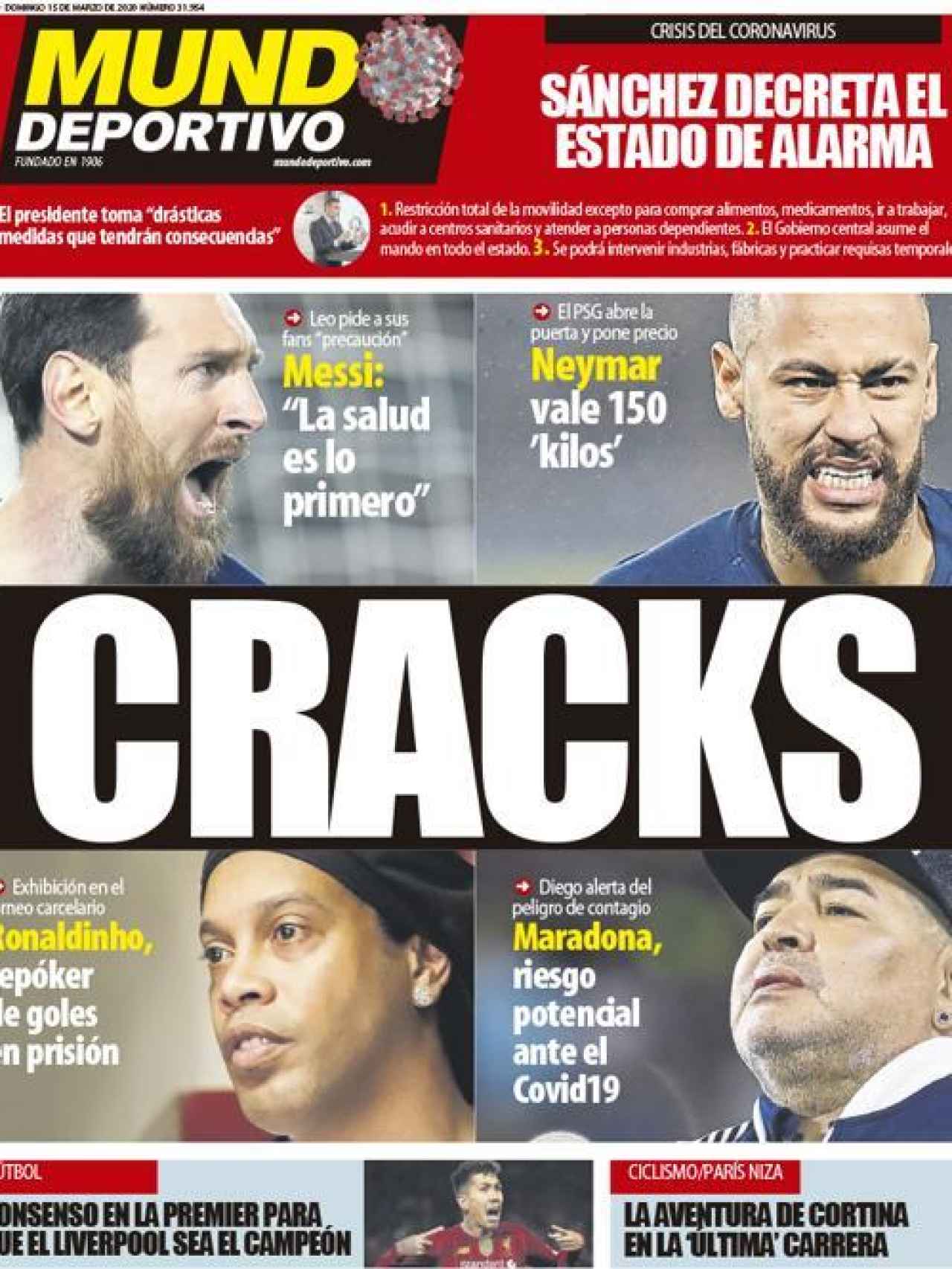 La portada del diario Mundo Deportivo (15/03/2020)