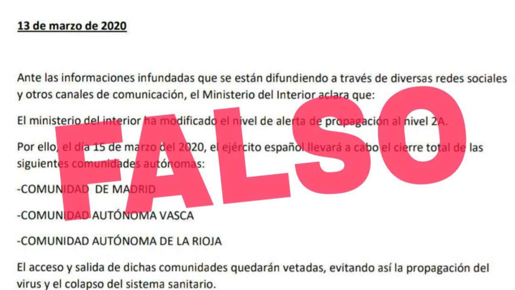 Documento falso desmentido por el Gobierno sobre un presunto cierre de Madrid, La Rioja y el País Vasco a causa del coronavirus.