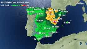 Previsión de acumulación de precipitaciones a miércoles 18 según eltiempo.es.