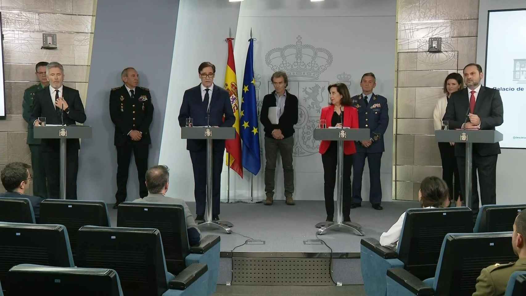 Los ministros del Interior, Fernando Grande-Marlaska; de Sanidad, Salvador Illa; de Defensa, Margarita Robles; y Transportes, José Luis Ábalos.