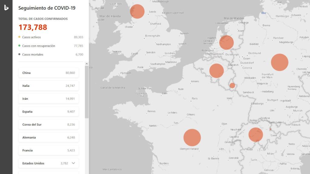 El mapa de Microsoft incluye información actualizada sobre el coronavirus