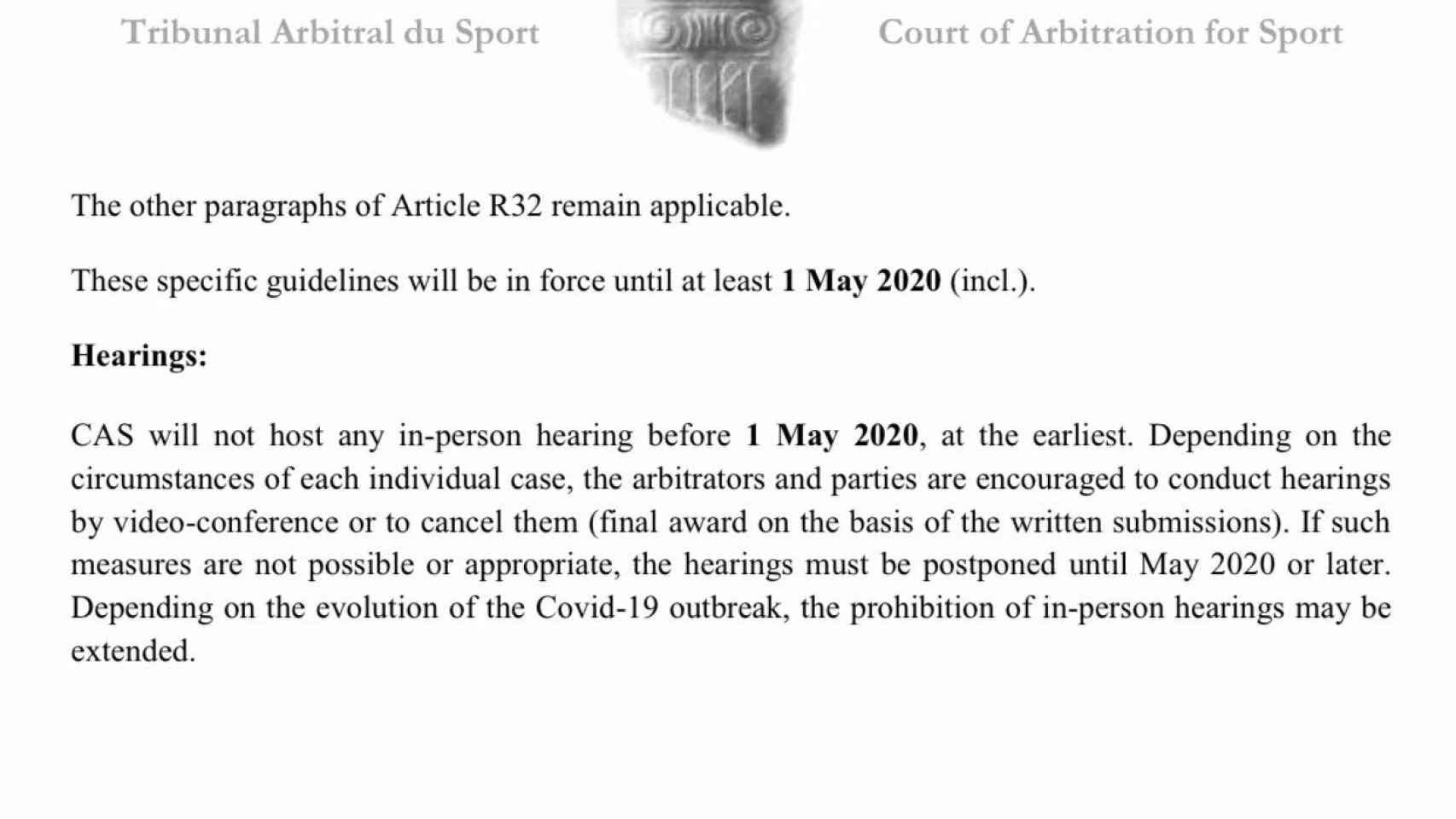 La resolución del Tribunal de Arbitraje Deportivo sobre el parón de sus actividades por el coronavirus
