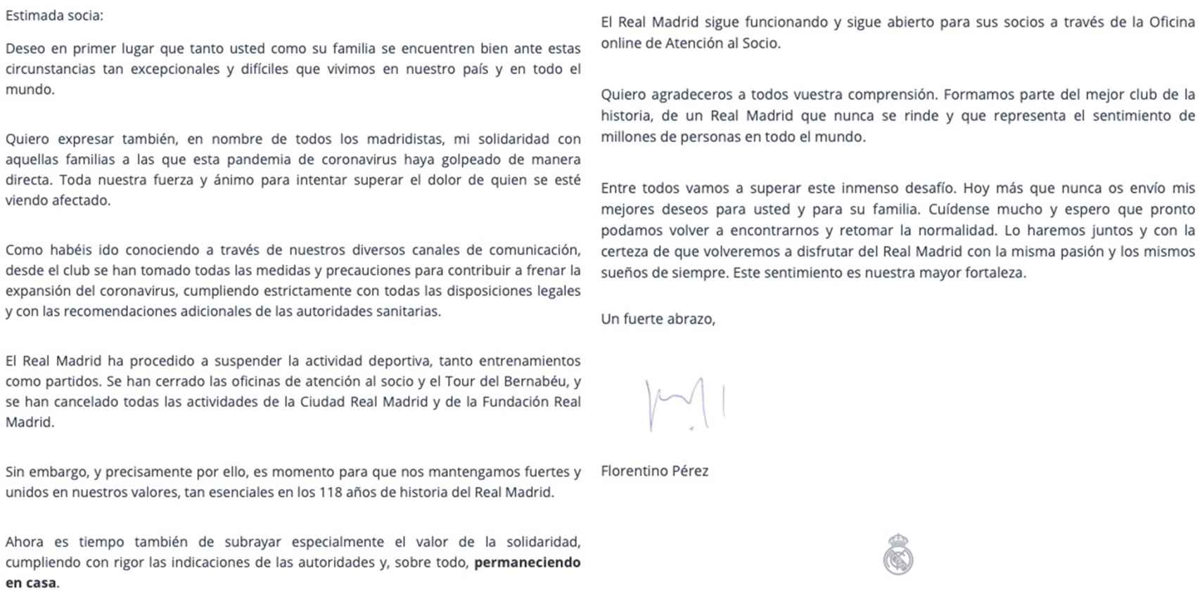 La carta de Florentino Pérez a los socios del Real Madrid por el coronavirus