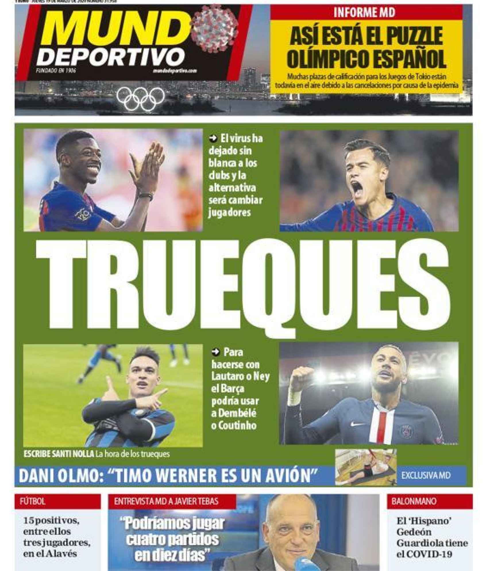 La portada del diario Mundo Deportivo (19/03/2020)