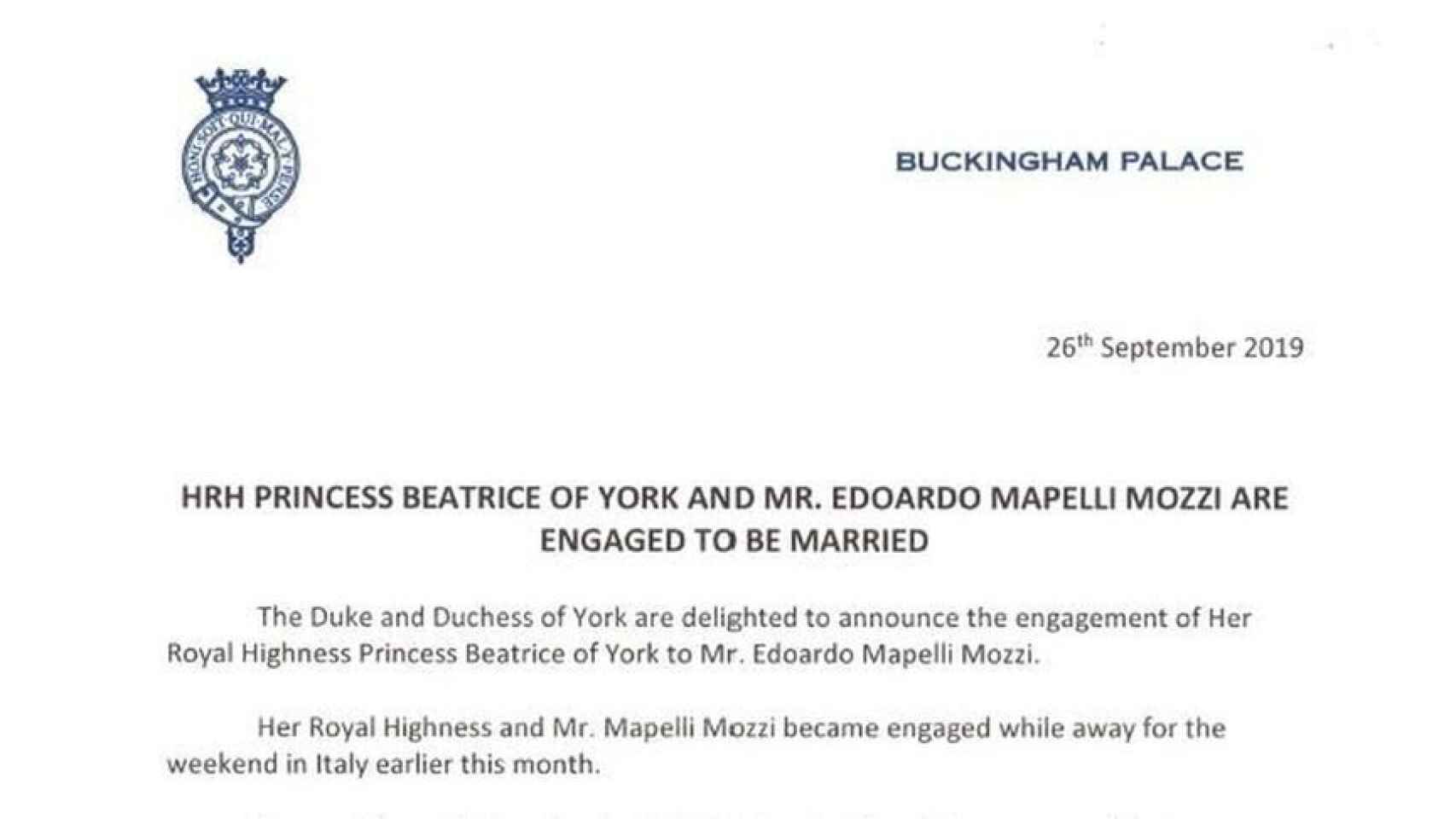 Comunicado oficial de Buckingham Palace sobre el compromiso de la princesa.