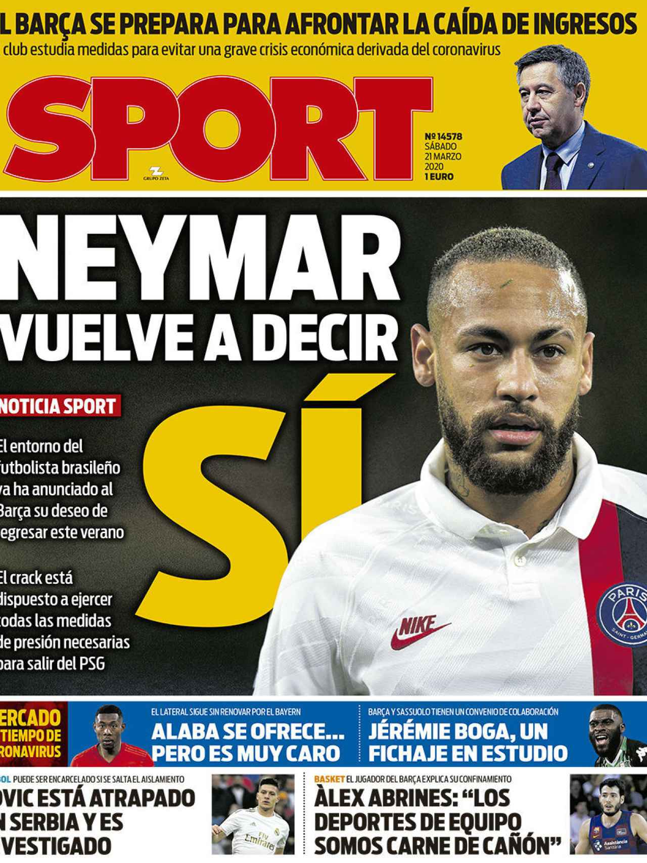 La portada del diario Sport (21/03/2020)