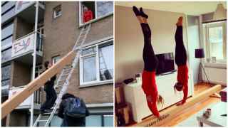 La gimnasta Sanne Wevers recibiendo una barra de equilibrio para entrenar en casa