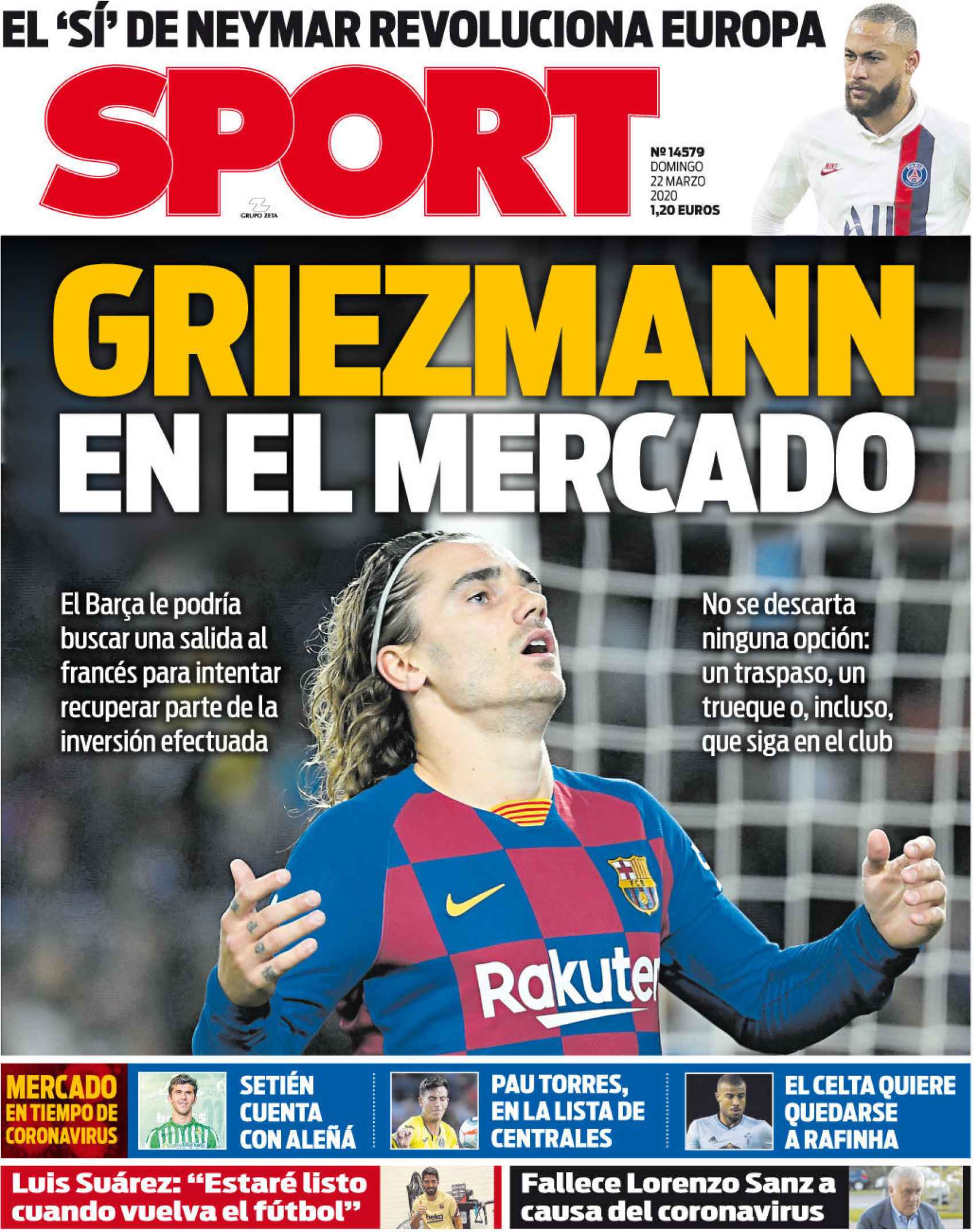 La portada del diario Sport (22/03/2020)