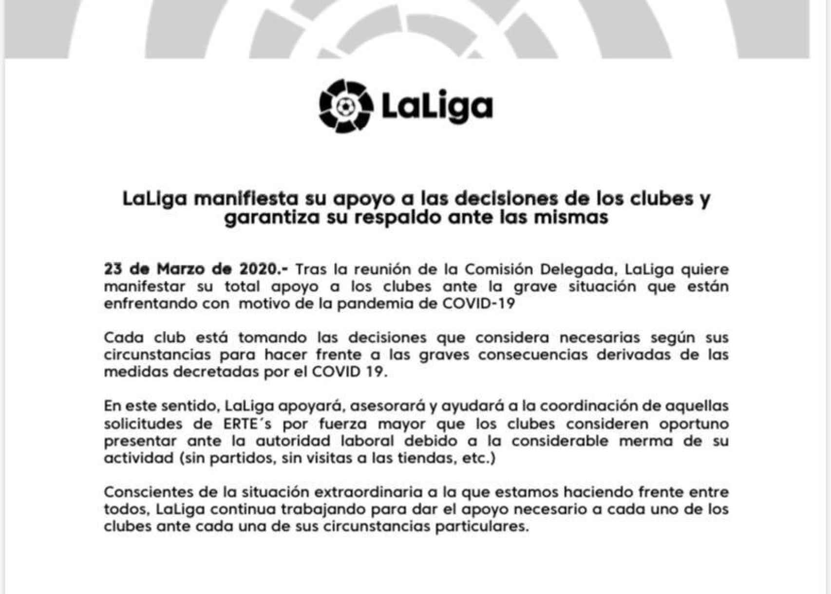 El comunicado oficial de LaLiga mostrando el apoyo a que los clubes soliciten ERTEs