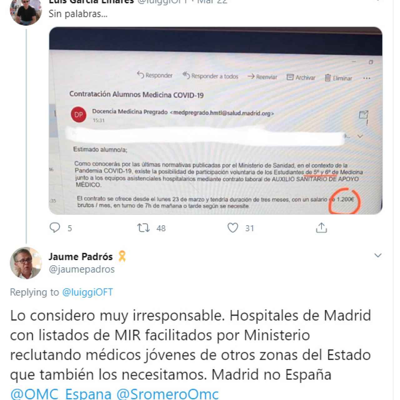 Padrós lamenta en redes sociales la oferta de Madrid a los MIR catalanes.