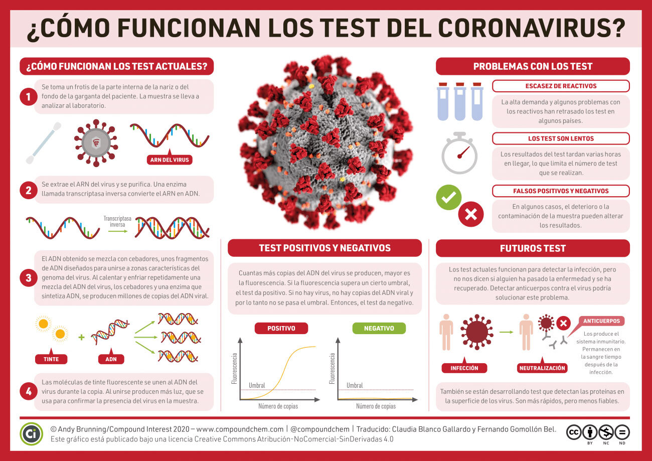 Infografía de Compound Interest sobre cómo funcionan los test del coronavirus.