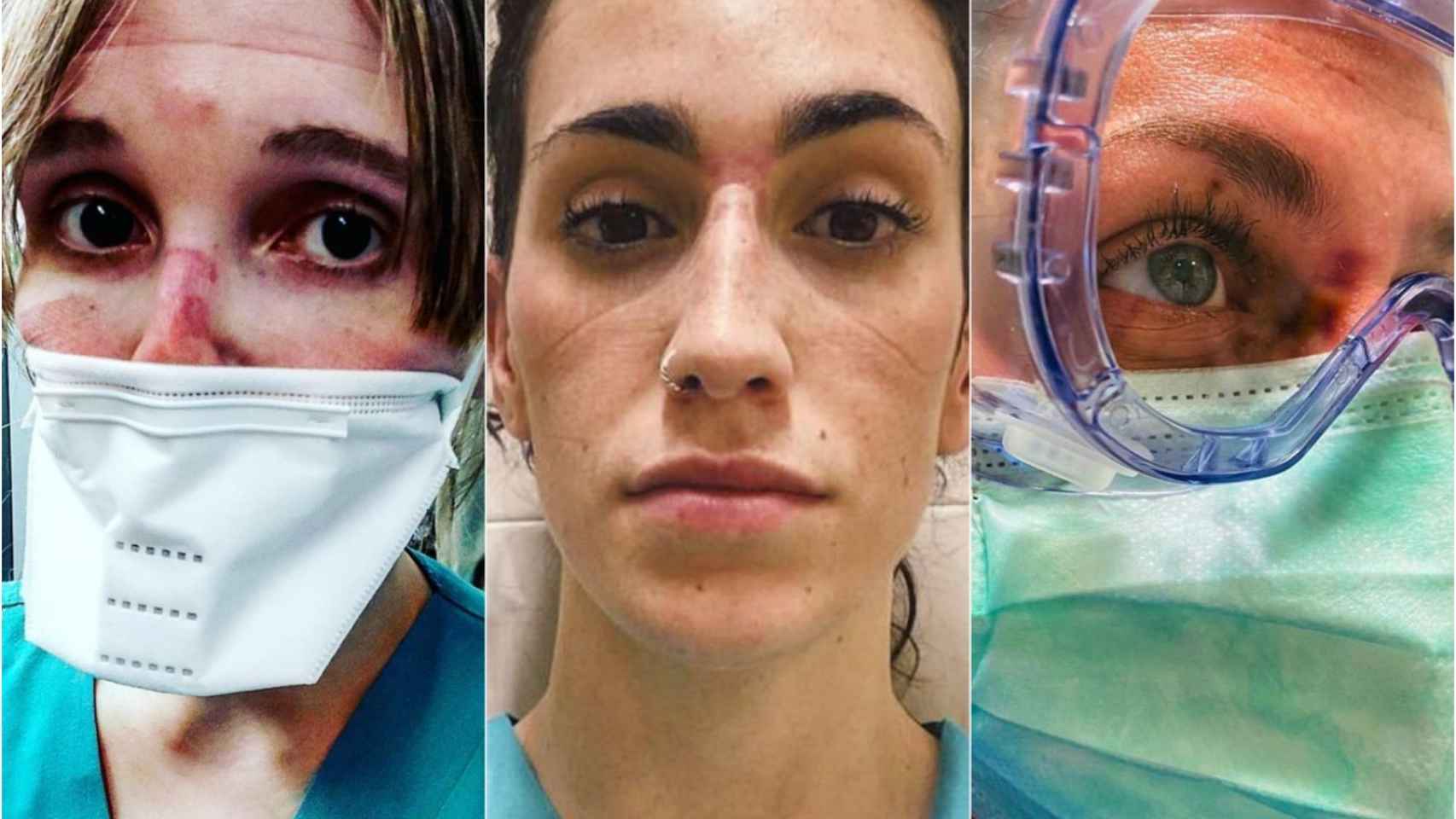Las marcas de los EPIs en los rostros de tres sanitarias españolas.