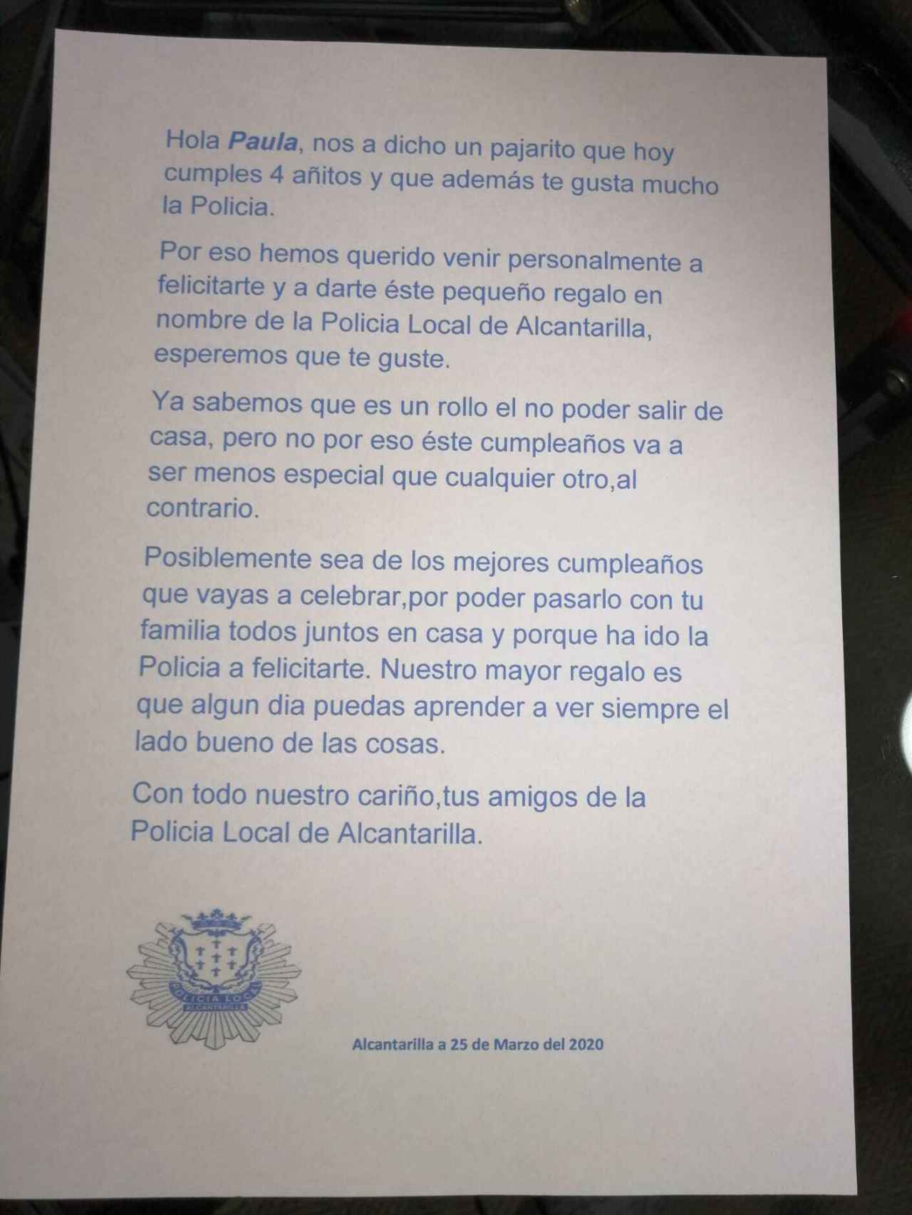 Carta que la Policía Local de Alcantarilla le envió a los padres de Paula como regalo de cumpleaños.