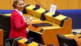 La presidenta de la Comisión, Ursula von der Leyen, durante su discurso este jueves en la Eurocámara