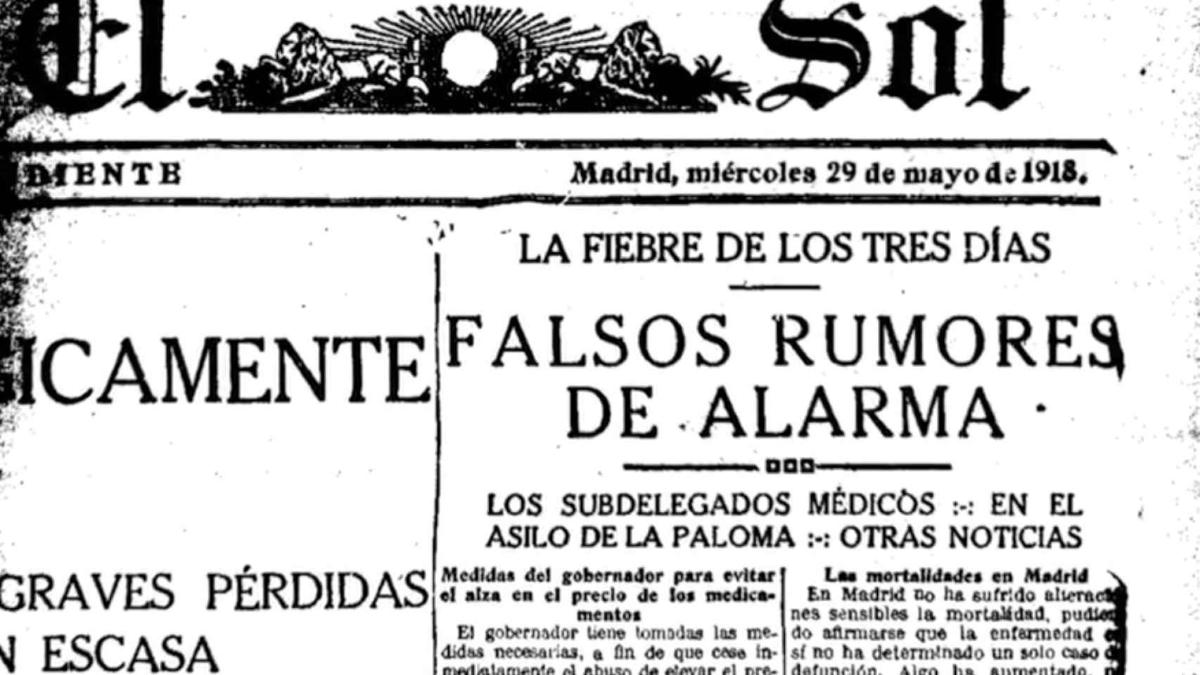 Portada de 'El Sol' durante la pandemia de la gripe española.