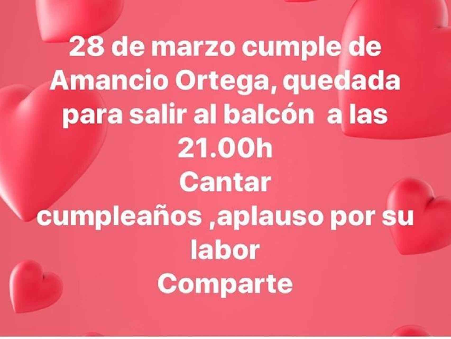 Mensaje en el que se invita a los ciudadanos a aplaudir a Amancio Ortega por su cumpleaños.