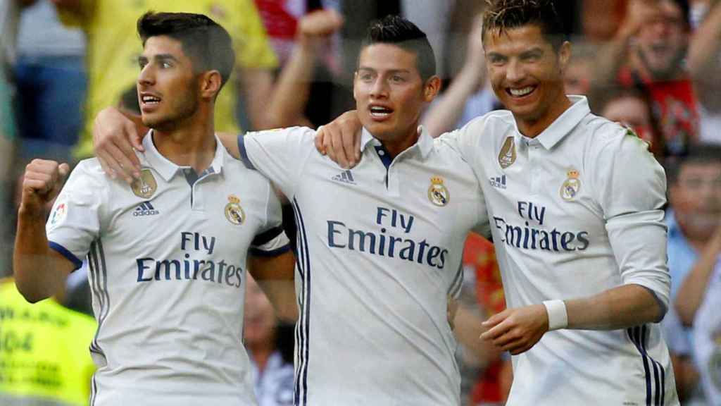 Asensio, James Rodríguez y Cristiano Ronaldo celebran un gol del Real Madrid