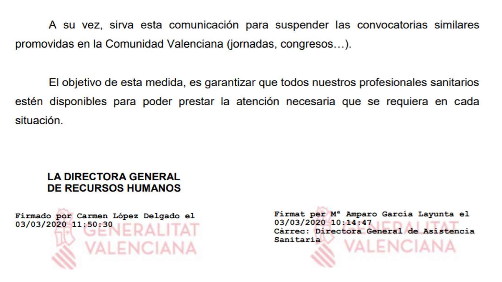 Recorte de la nota informativa enviada por la Generalitat valenciana a sus médicos el 3 de marzo de 2020.