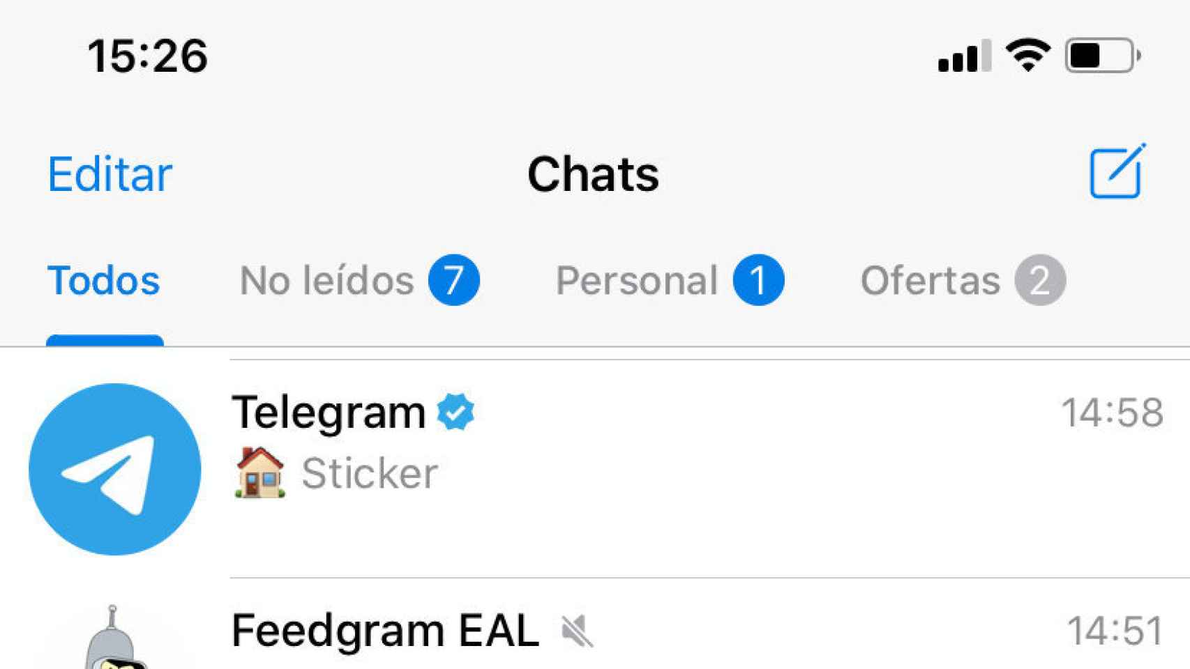 Lista de carpetas en Telegram