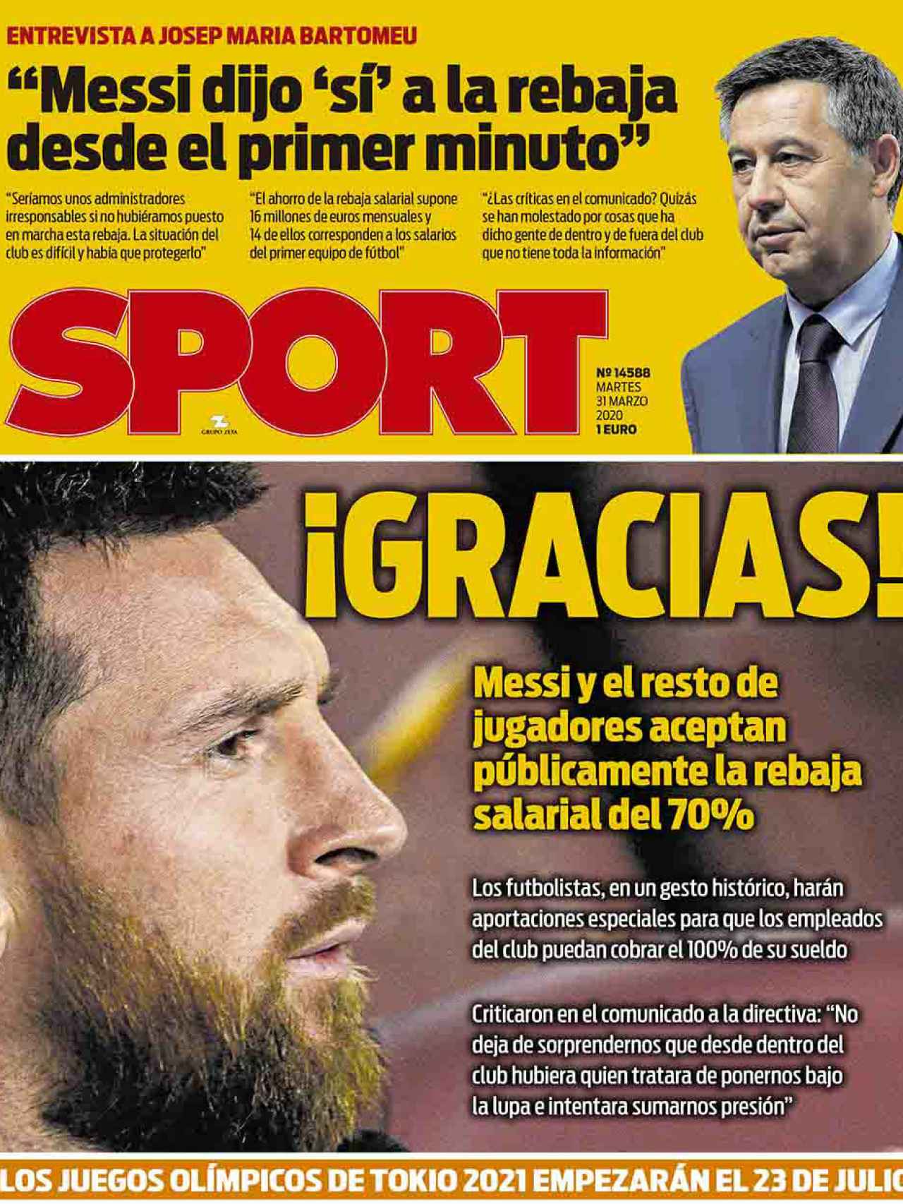La portada del diario Sport (31/03/2020)