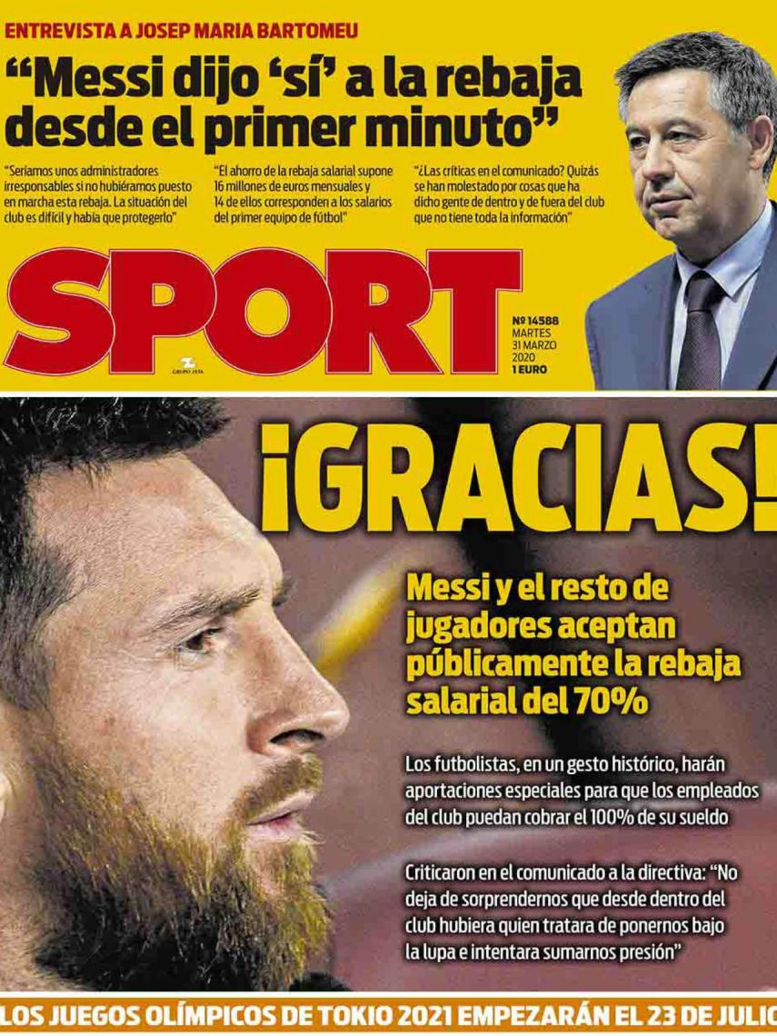 La portada del diario Sport (31/03/2020) La portada del diario Sport (31/03/2020)